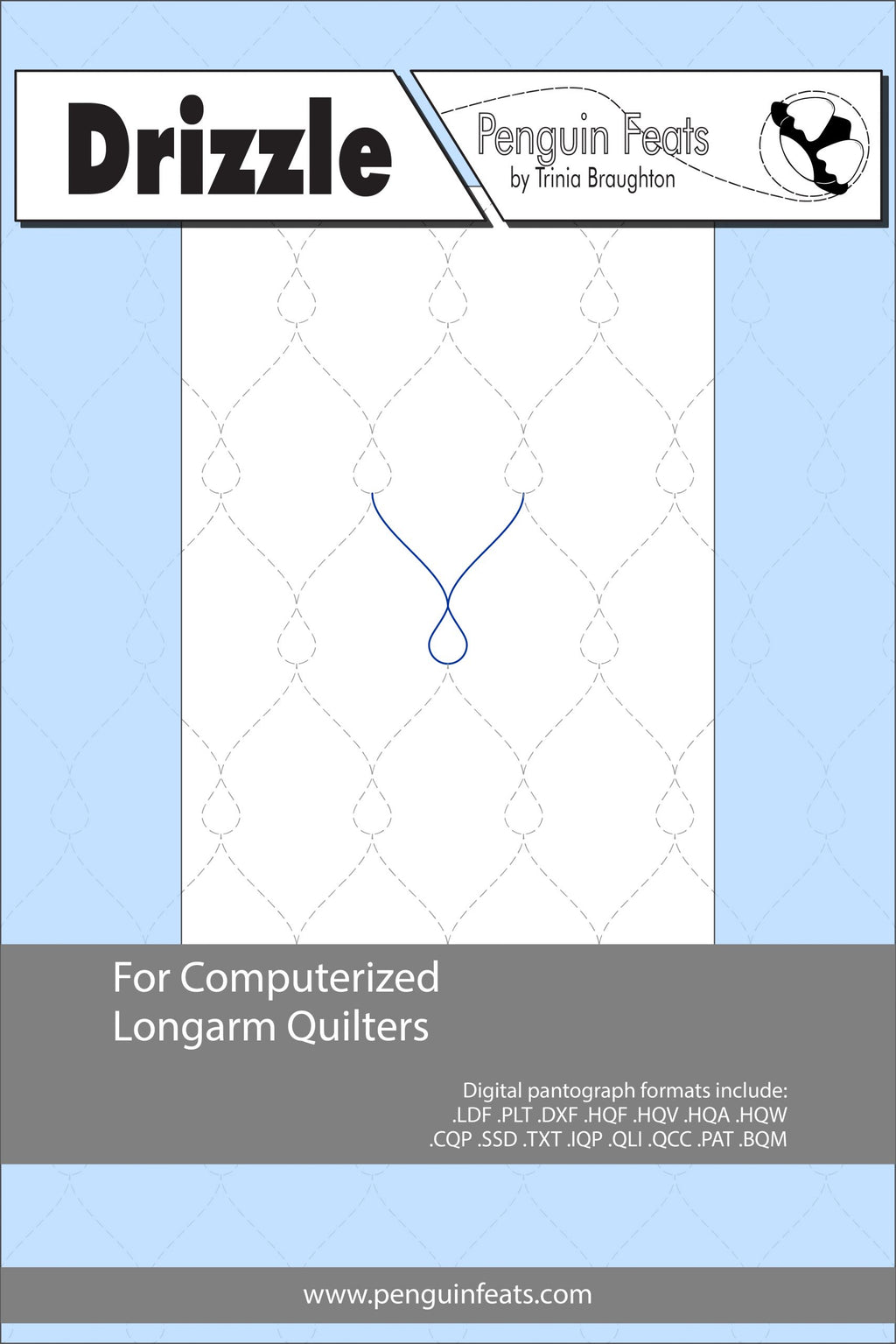 Drizzle pattern for computerized longarm quilters by Penguin Feats on a blue background