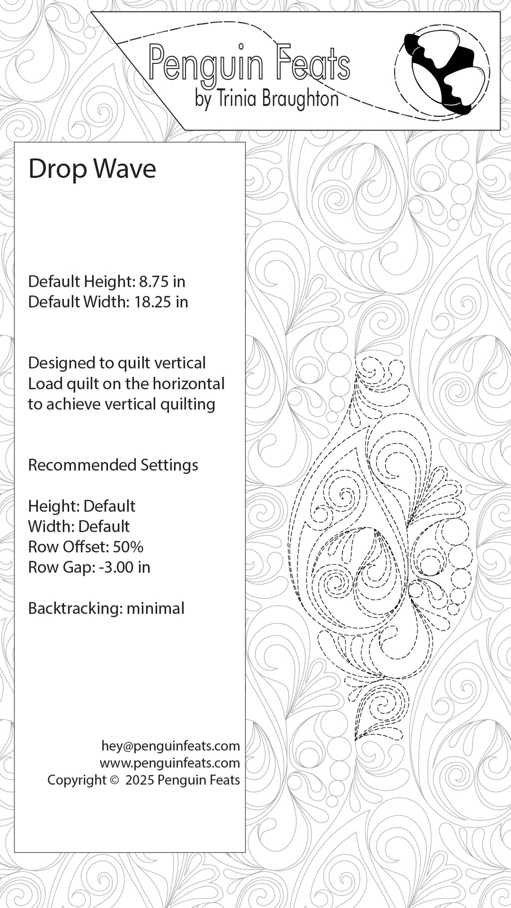 Quilting design guide with water drops and swirls inside a wave pattern and text on a white background