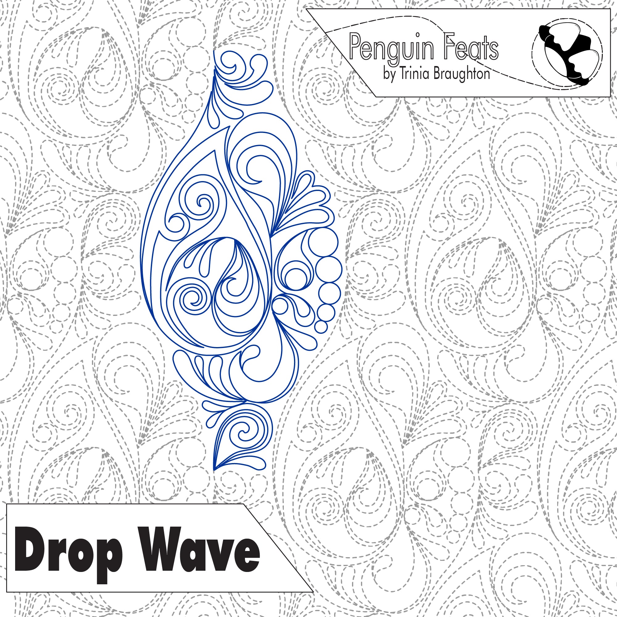 Decorative blue 'Drop Wave' design on a patterned background with 'Penguin Feats' branding.