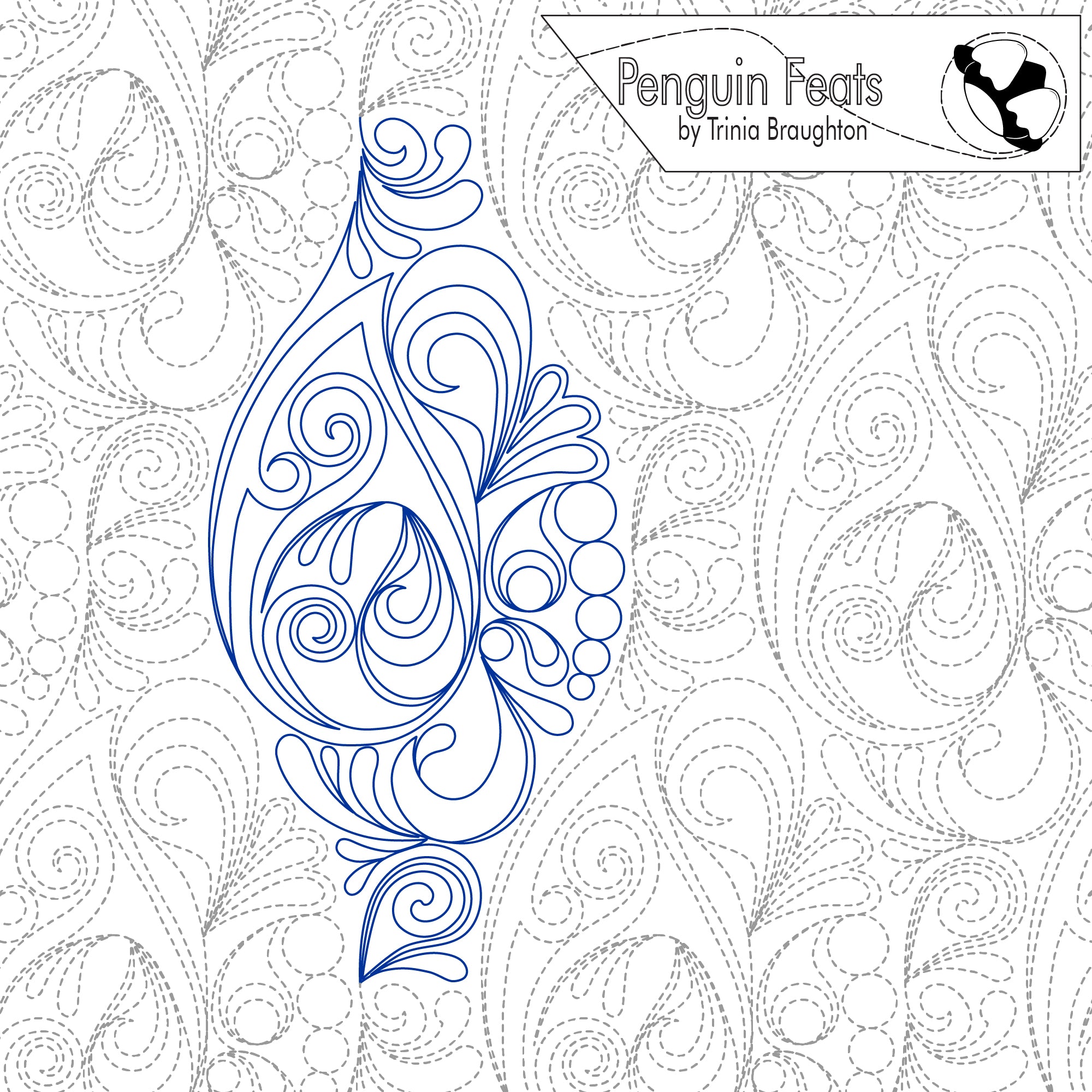 Decorative wave design with 'Penguin Feats' branding on a patterned background
