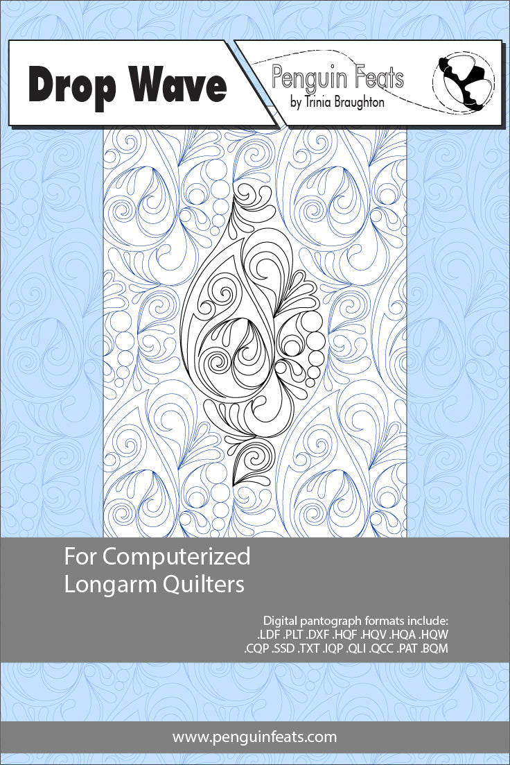 Design sheet for computerized longarm quilters with a stylized wave pattern on a light blue background.