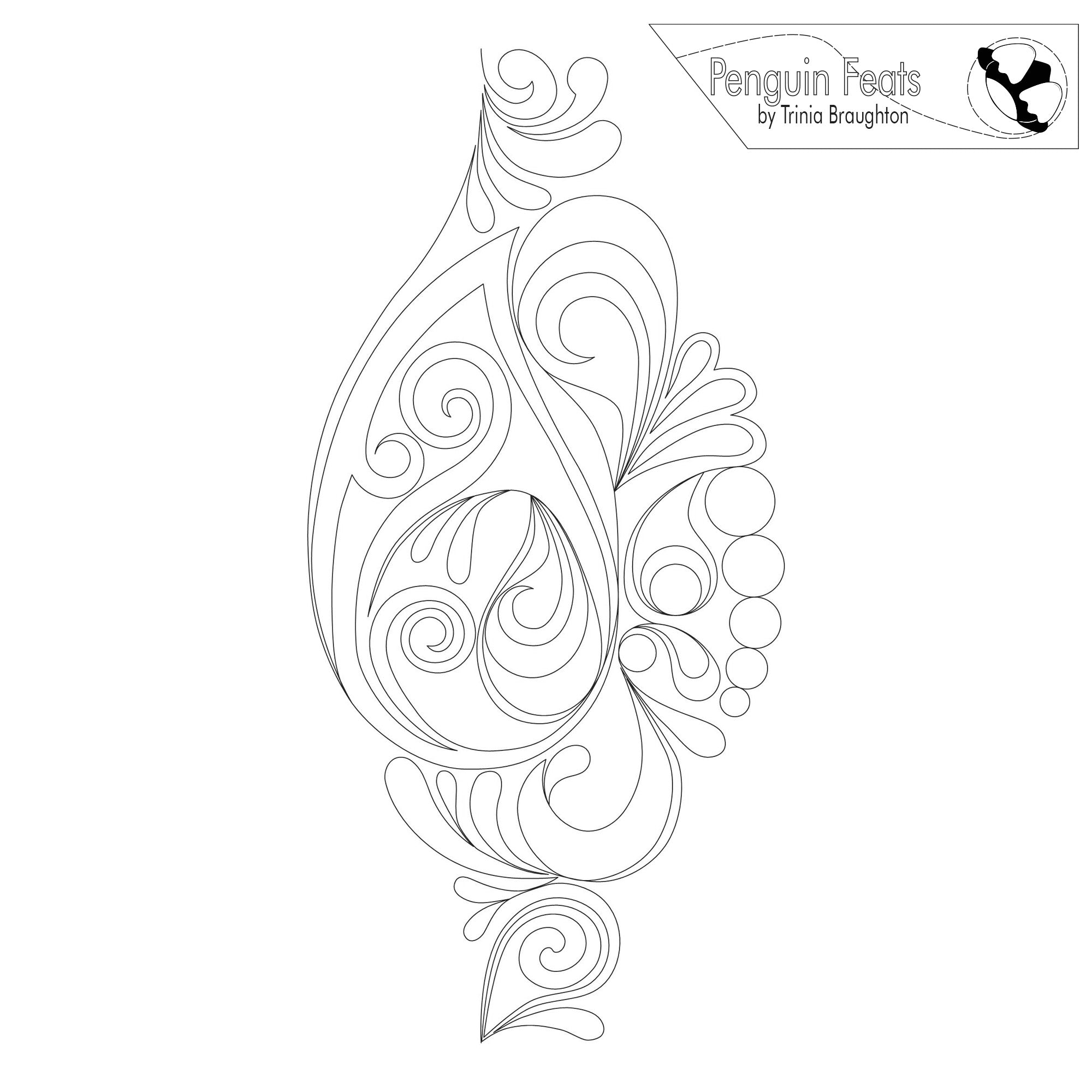 Decorative line art design with 'Penguin Feats' branding on a white background