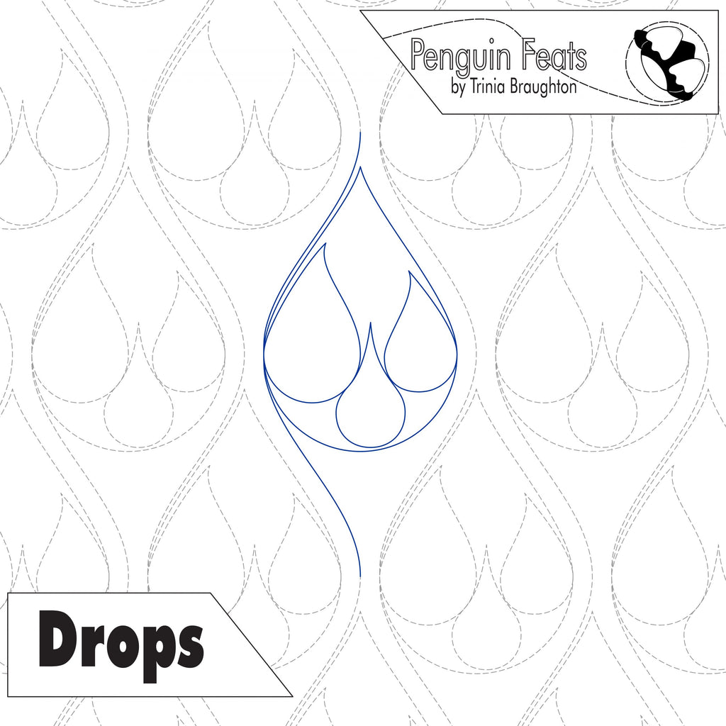 Quilting pantograph 'Drops' design and 'Penguin Feats' branding.