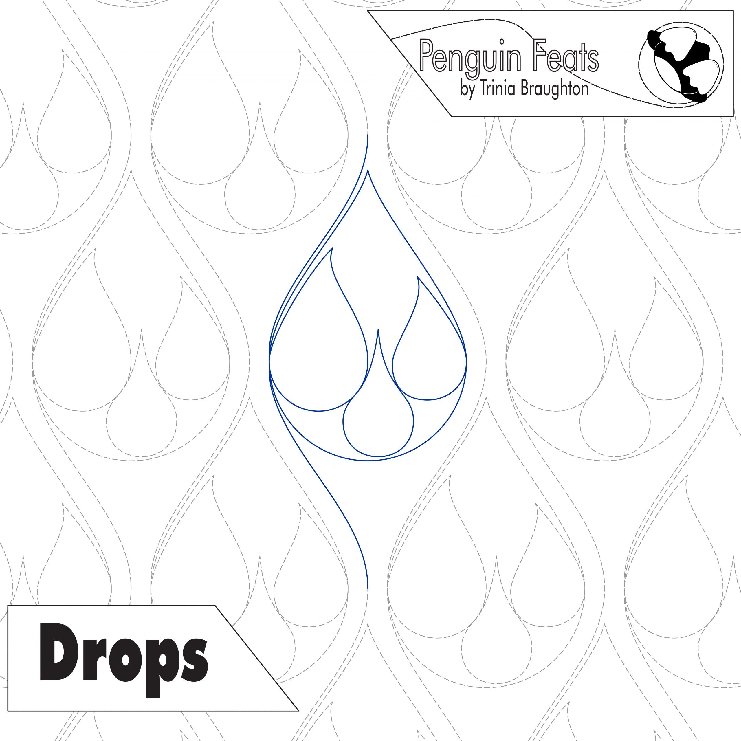 Quilting pantograph 'Drops' design and 'Penguin Feats' branding.