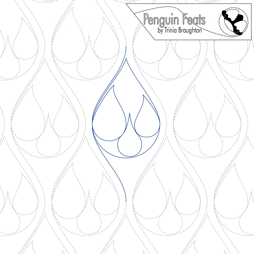 Quilting design in continuous blue line with repeating pattern in background of   teardrop shapes and 'Penguin Feats' branding.