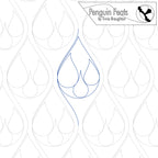 Quilting design in continuous blue line with repeating pattern in background of   teardrop shapes and 'Penguin Feats' branding.