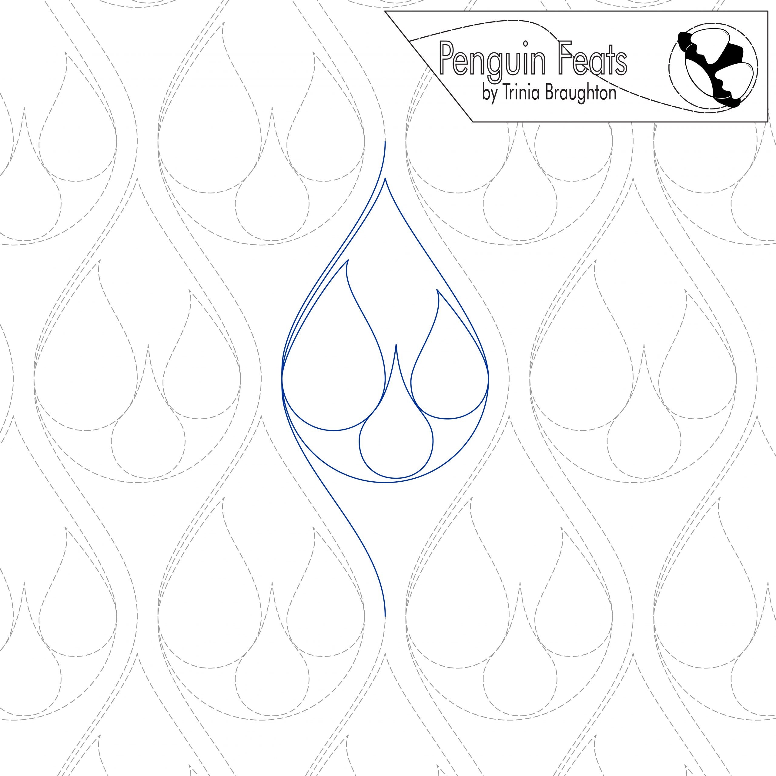 Quilting design in continuous blue line with repeating pattern in background of   teardrop shapes and 'Penguin Feats' branding.