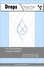 Quilting design sheet for computerized longarm quilters with 'Drops' text and 'Penguin Feats' branding.