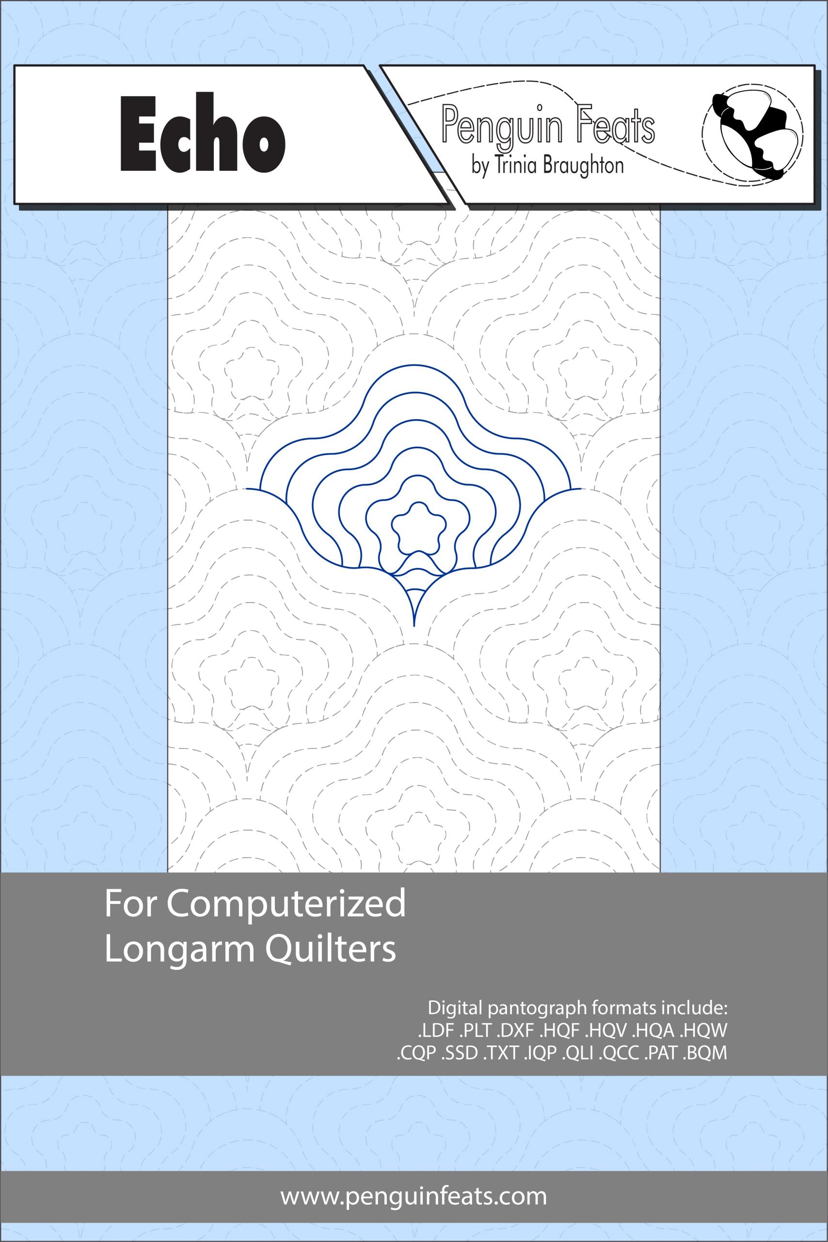 Echo pattern for computerized longarm quilters with a blue background