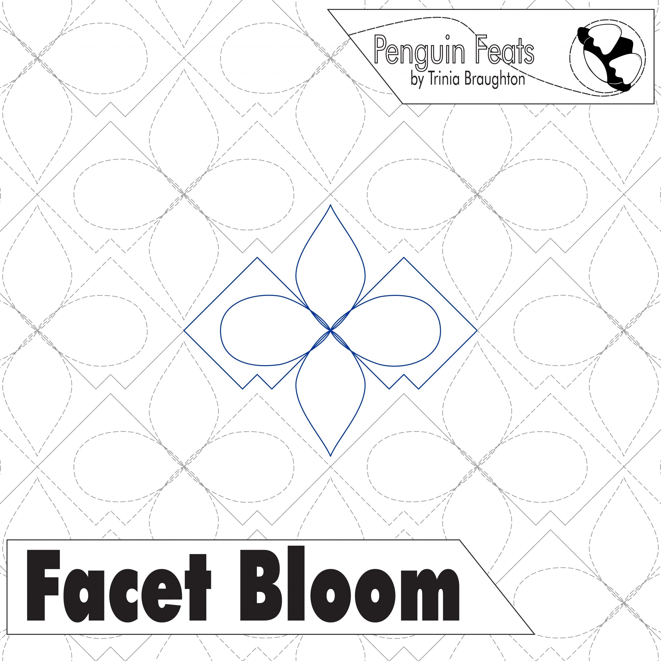 Quilting Design with geometric pattern and 'Facet Bloom' text on a white background