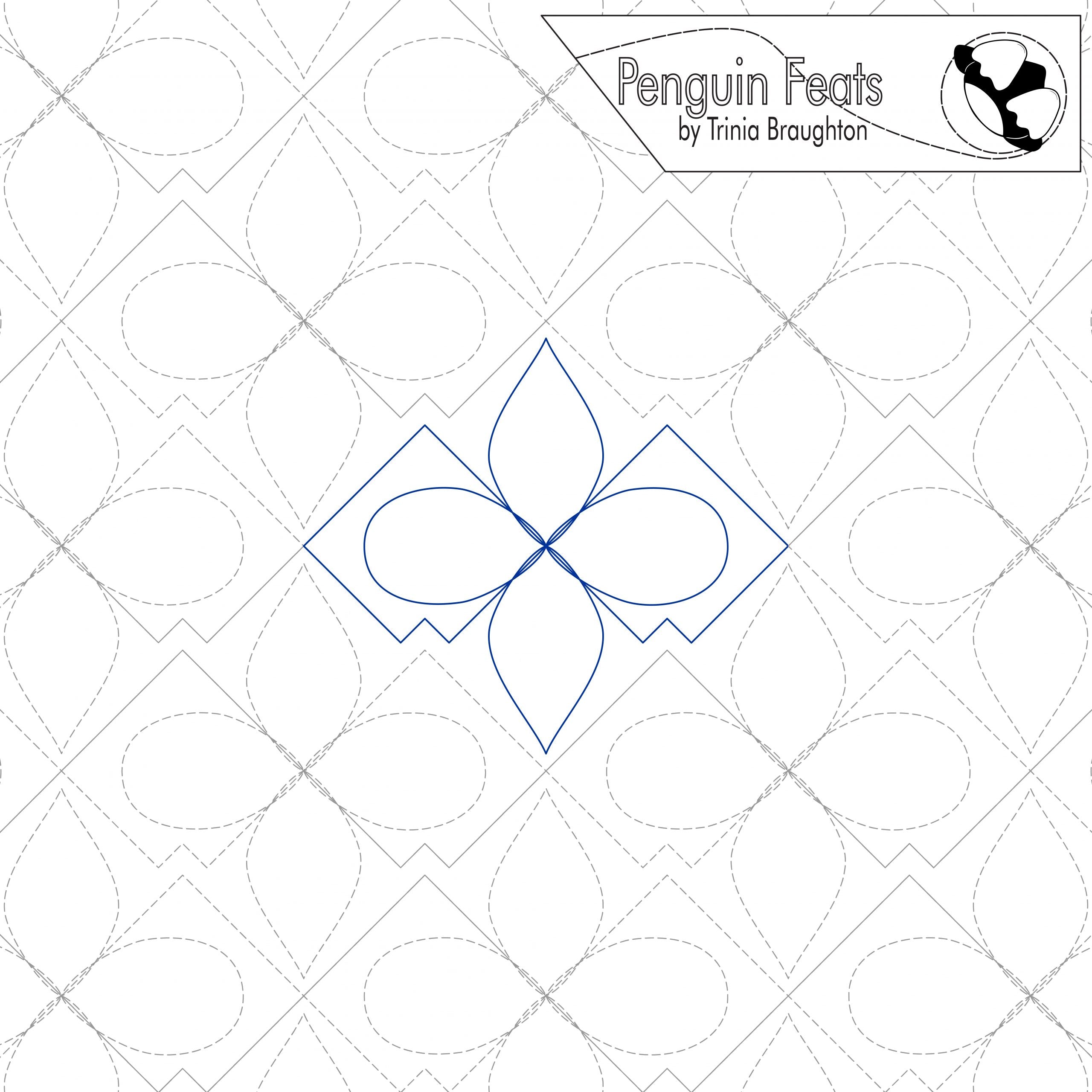 Quilting design with geometric pattern and 'Penguin Feats' branding.