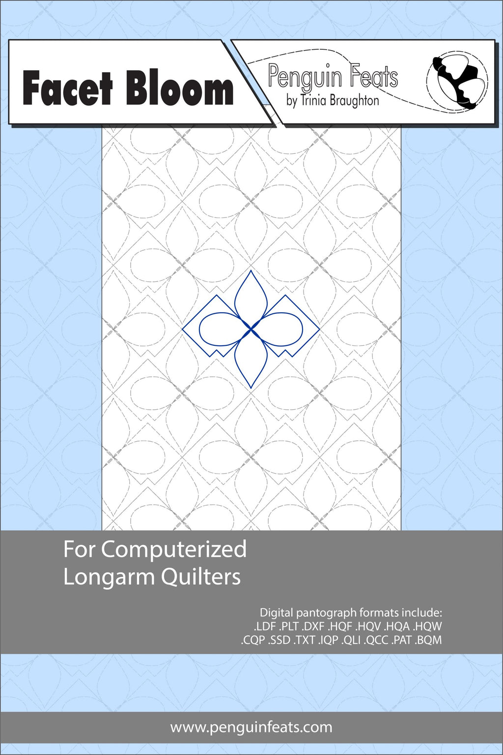 Quilting design pattern with geometric pattern on a light blue background
