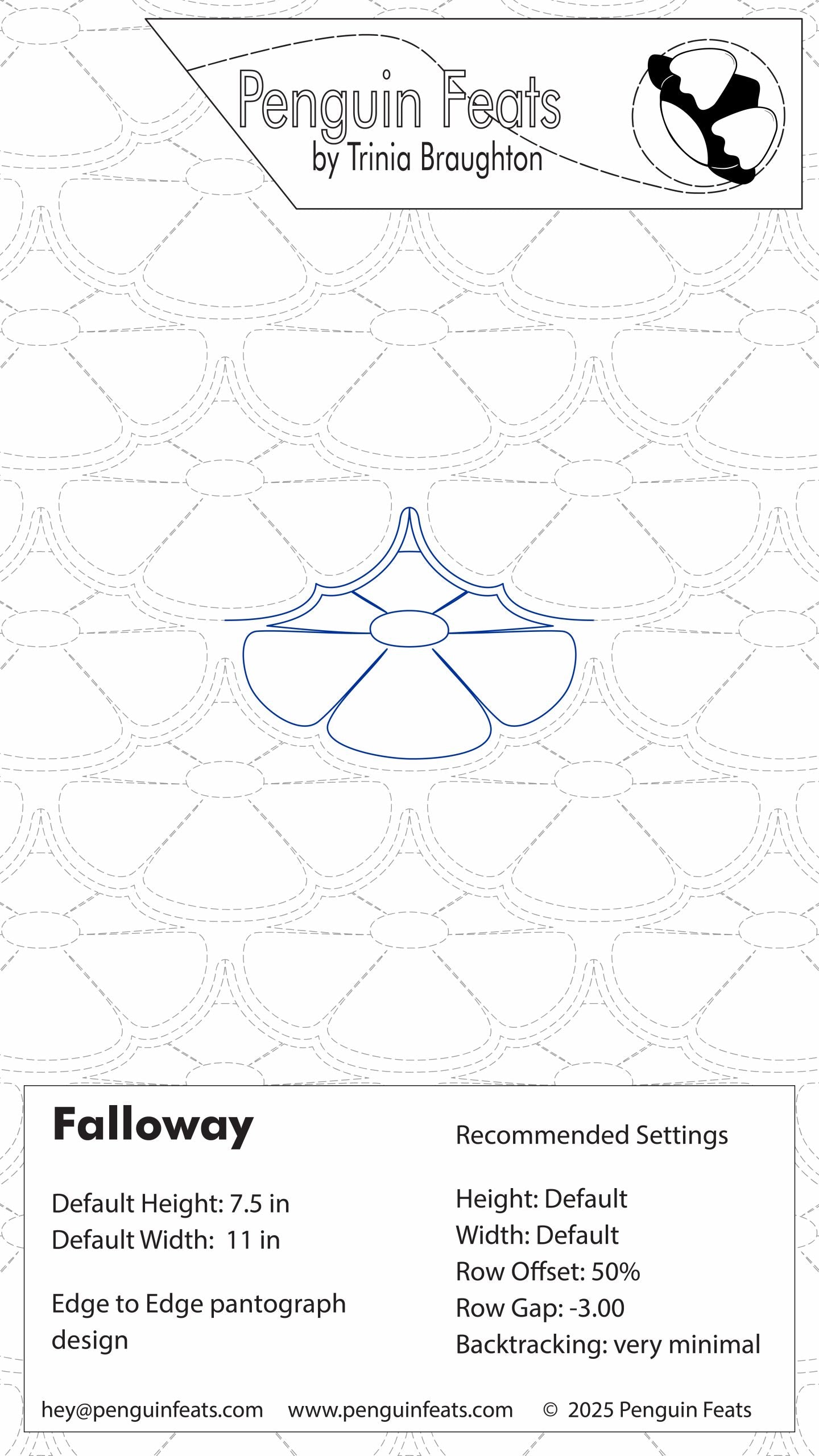 Quilting design pattern sheet for a flower on a quilt with 'Penguin Feats' branding.
