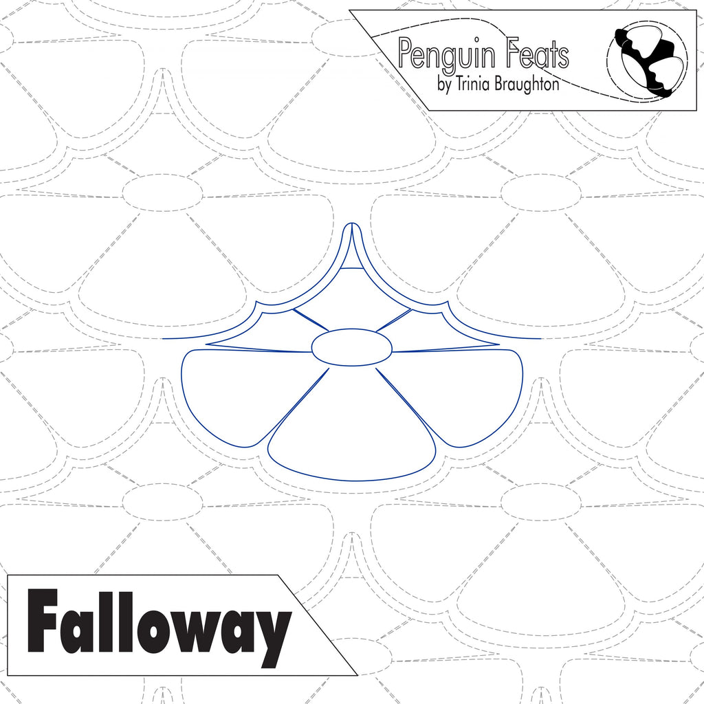 Design of repeating flower for a quilt with geometric pattern and 'Penguin Feats' branding.