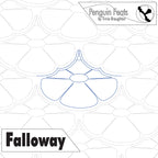 Design of repeating flower for a quilt with geometric pattern and 'Penguin Feats' branding.
