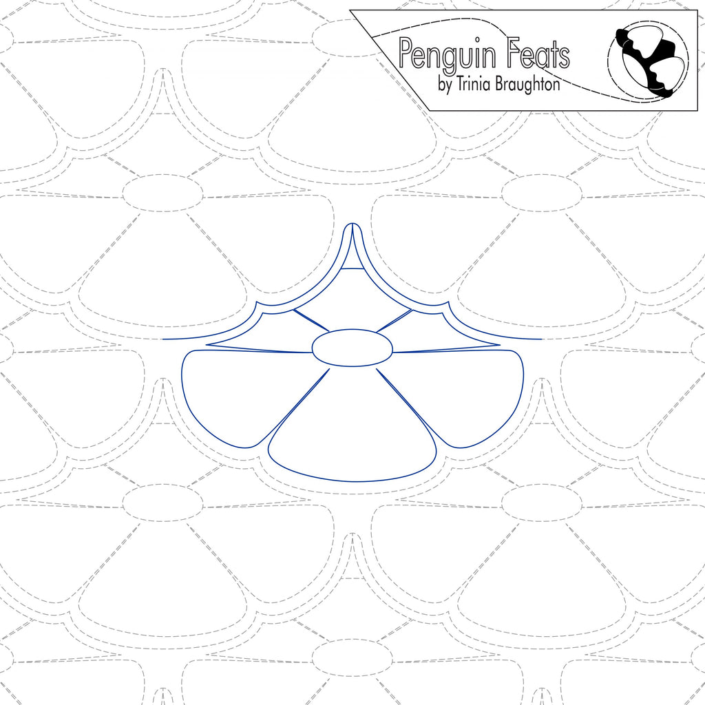 Continuous line design of repeating flower on white background, featuring the brand 'Penguin Feats' by Trinia Braughton.