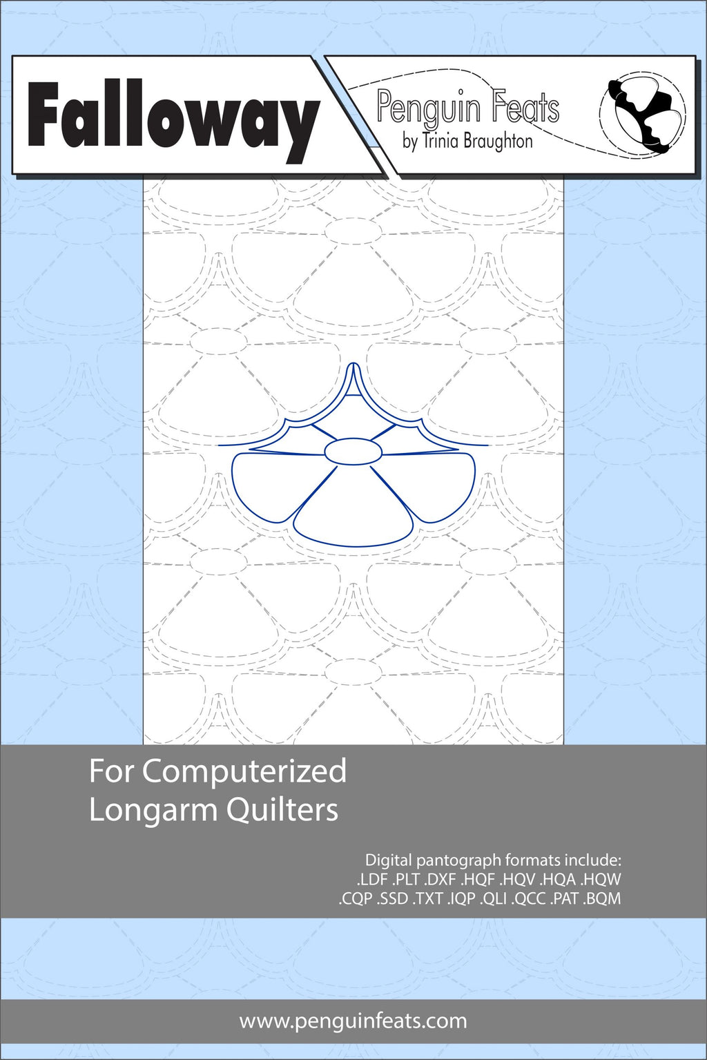 Falloway pattern sheet for computerized longarm quilters with a blue and gray design on a light blue background.
