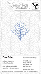 Quilting design sheet for 'Fan Palm' pattern by Trinia Braughton with settings and branding at the top.