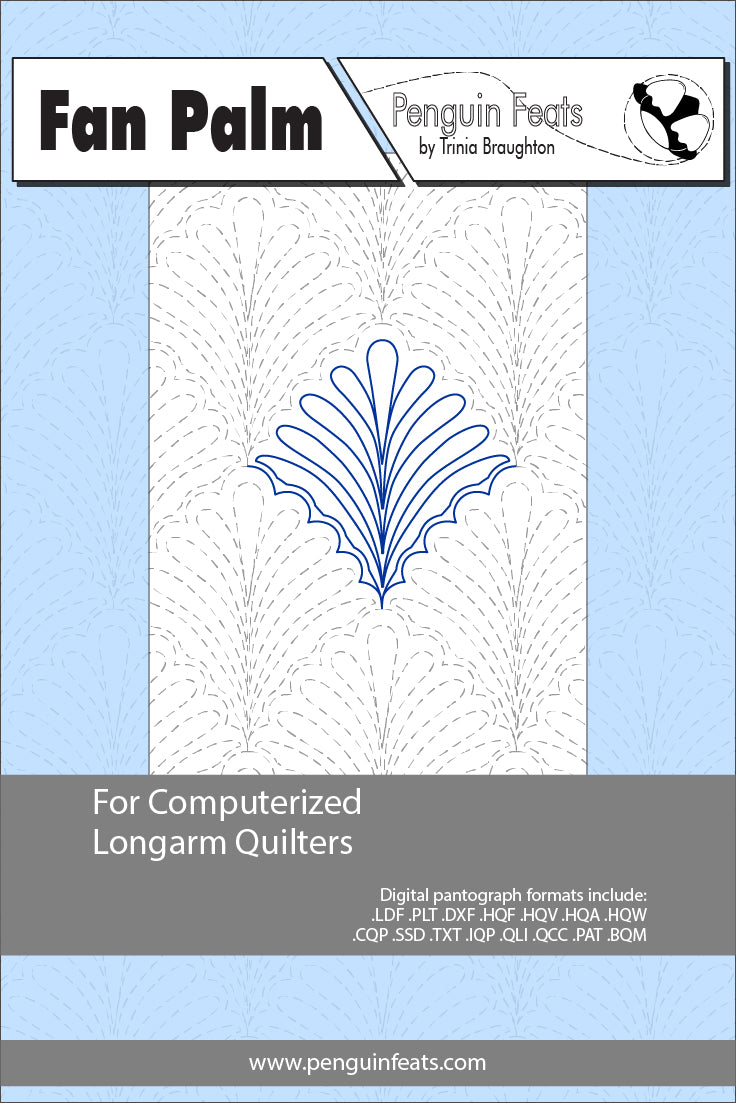 Pattern sheet for a fan palm design on a blue background with text about computerized longarm quilters.