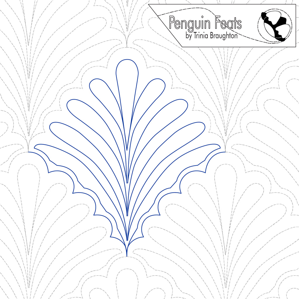 Continuous line design with leaf pattern on a white background, featuring the brand 'Penguin Feats' by Trinia Braughton.