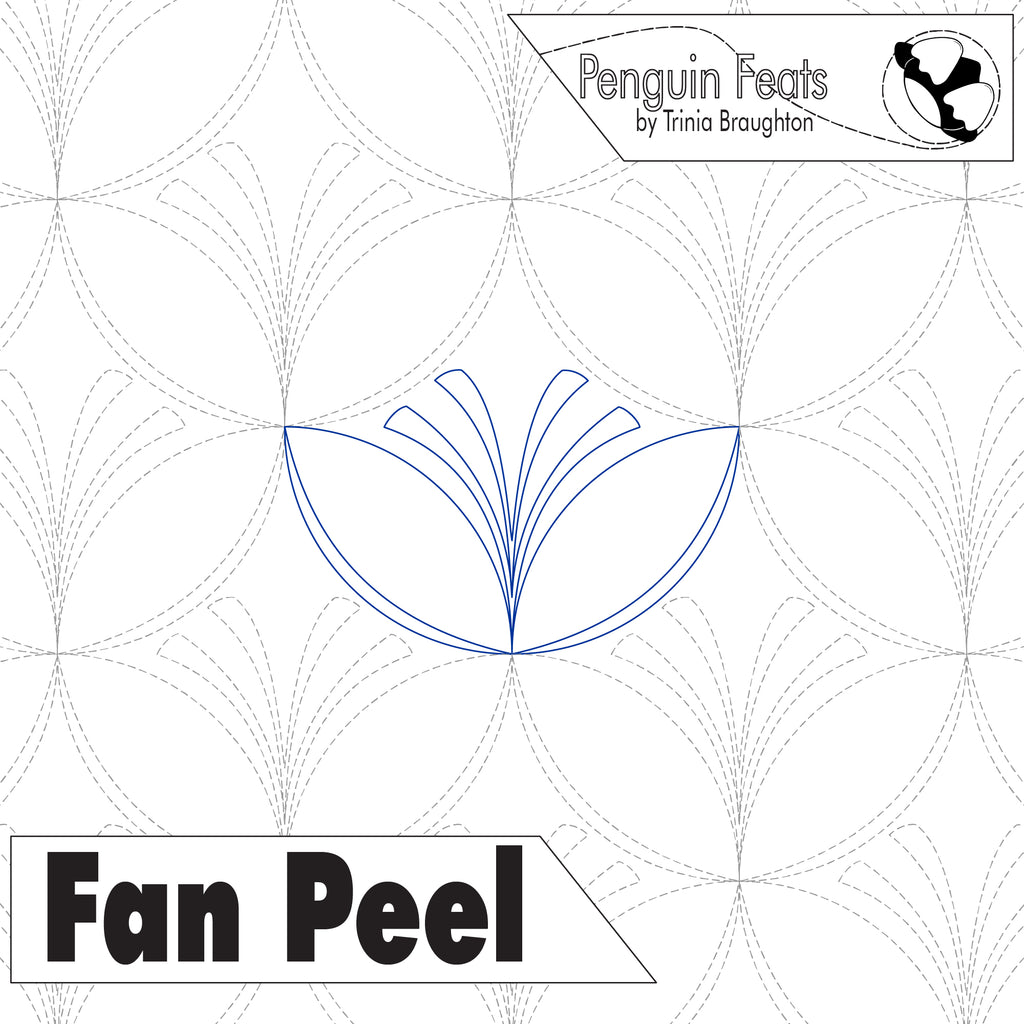 Design of a fan peel with geometric patterns and 'Penguin Feats' branding.