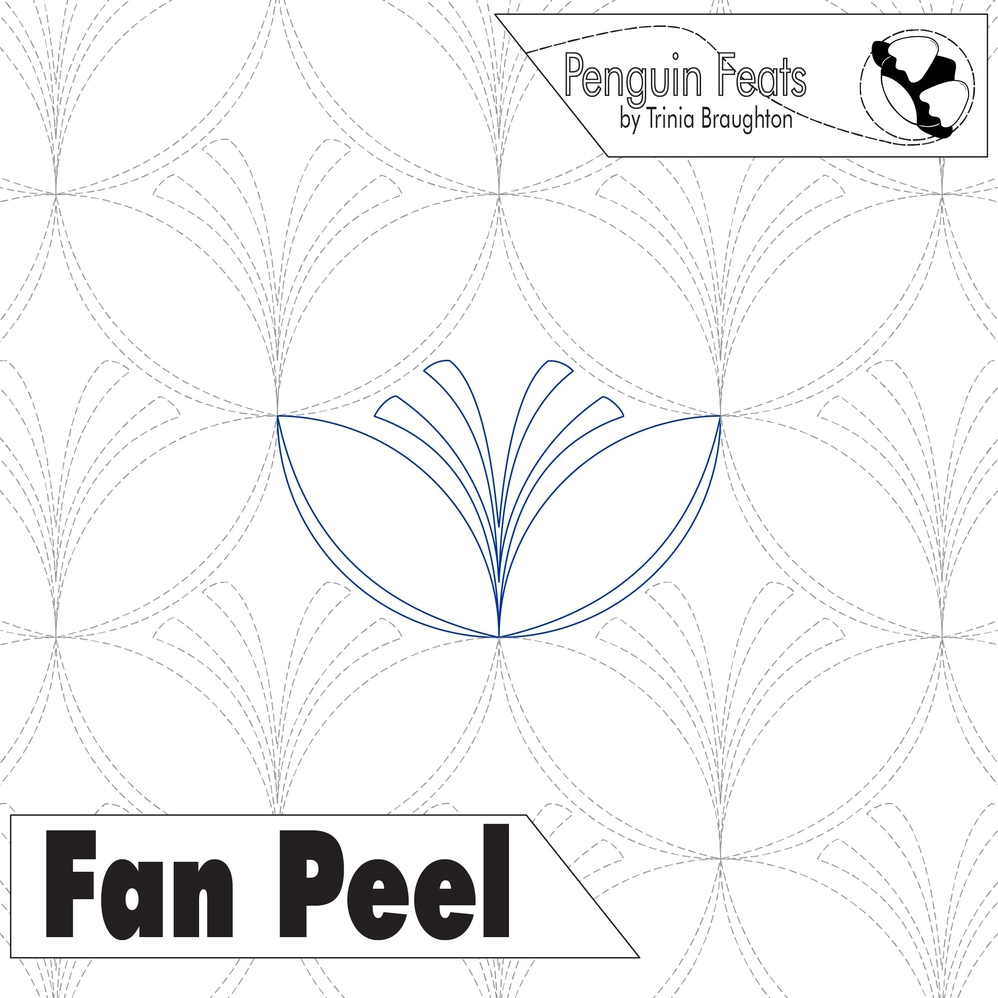 Design of a fan peel with geometric patterns and 'Penguin Feats' branding.