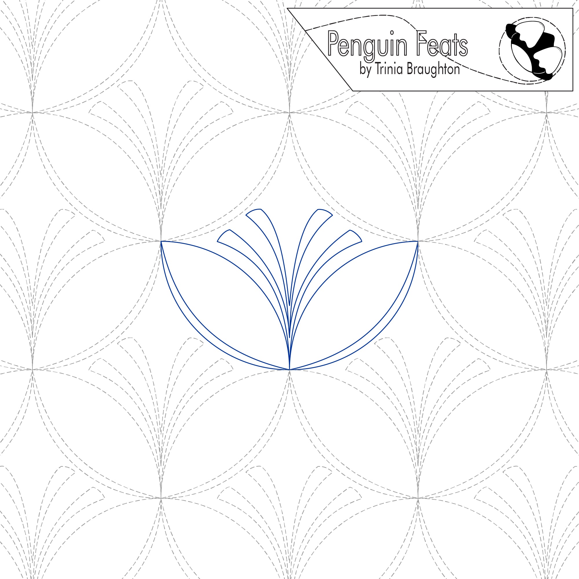 Design with geometric pattern and 'Penguin Feats' branding on a white background
