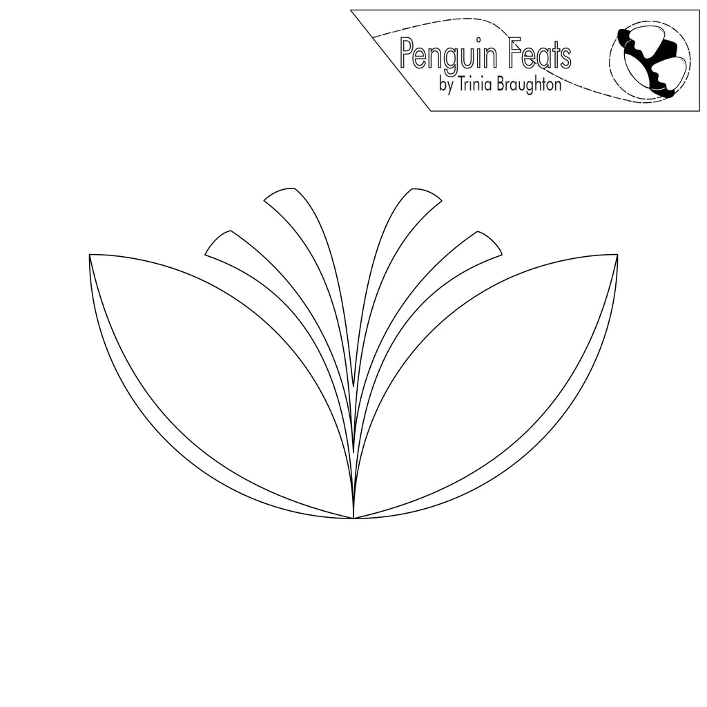 Black and white leaf-shaped quilting design with 'Penguin Feats' branding at the top.