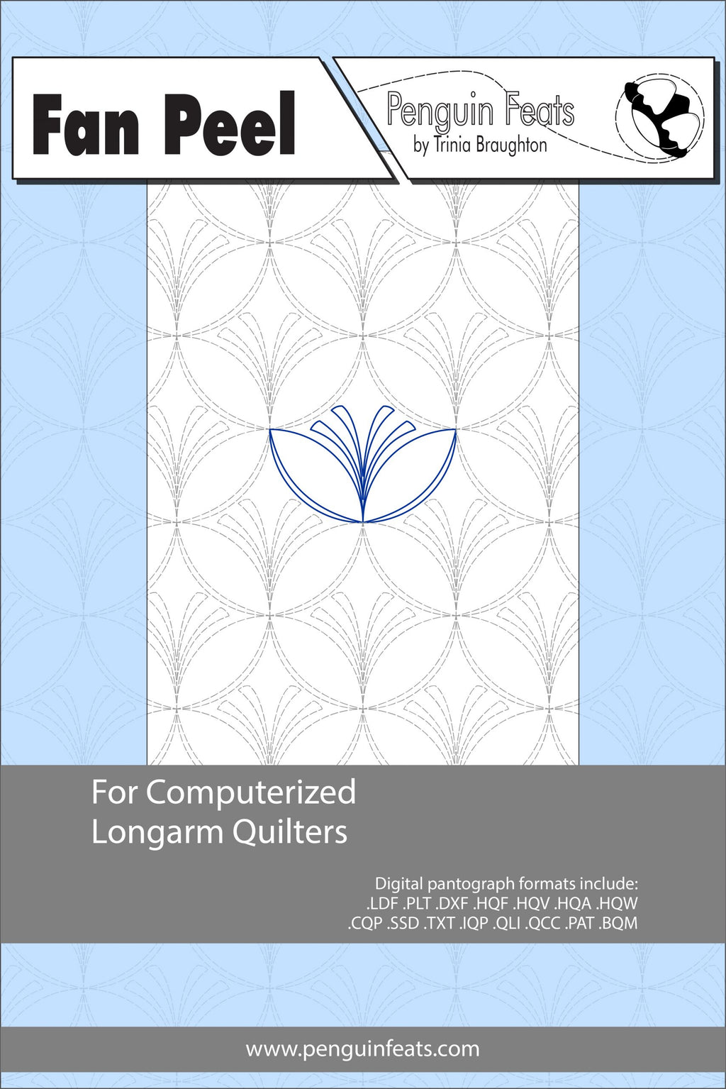 Pattern sheet for computerized longarm quilters with blue design on a light blue background
