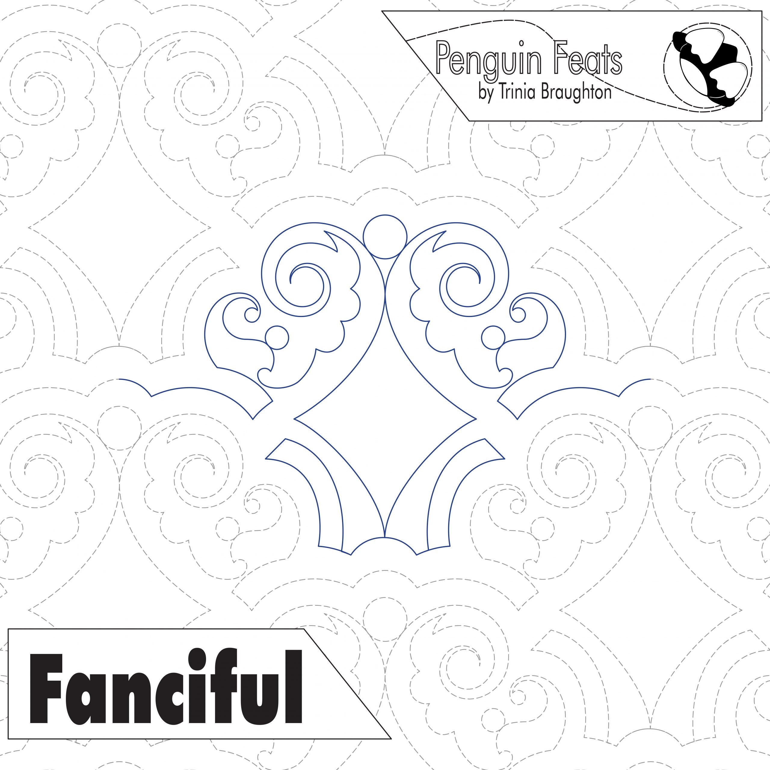 Decorative flourish design with 'Penguin Feats' and 'Fanciful' text on a white background