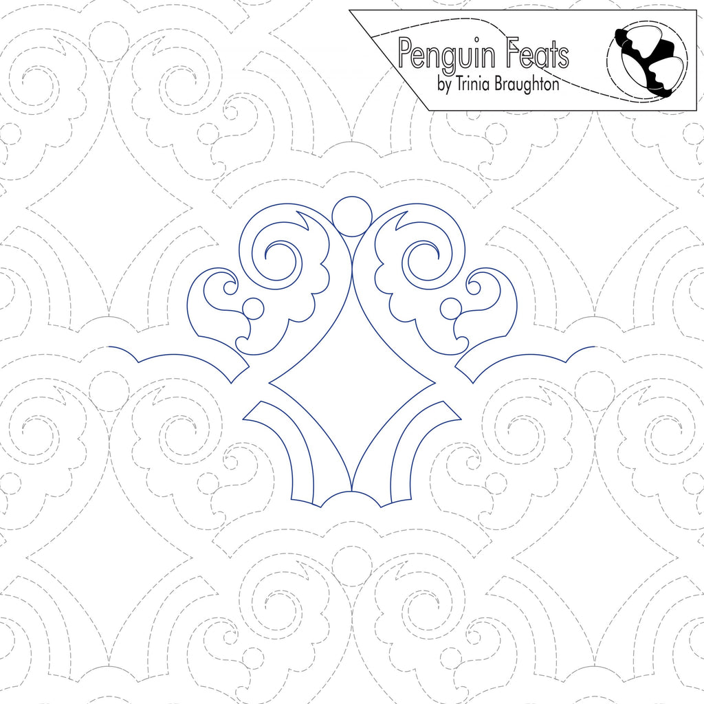 Decorative pattern with swirling designs on a white background, featuring the brand 'Penguin Feats' by Trinia Braughton.