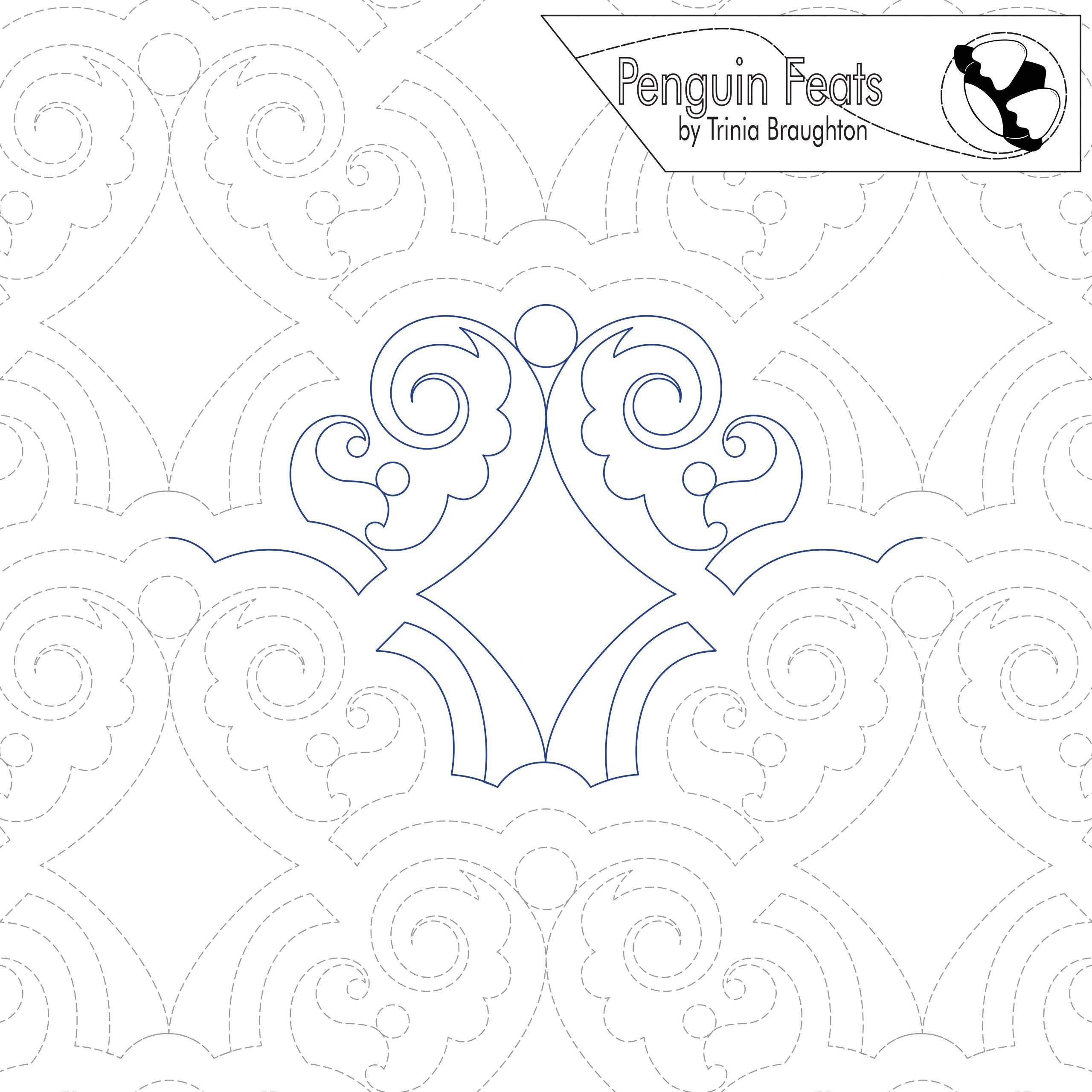 Decorative pattern with swirling designs on a white background, featuring the brand 'Penguin Feats' by Trinia Braughton.