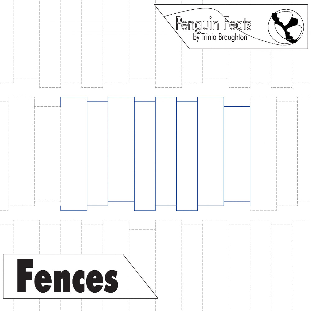 Continuous line design of vertical lines in blocks with the branding 'Penguin Feats' by Trinia Braughton and titled 'Fences'.