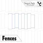 Continuous line design of vertical lines in blocks with the branding 'Penguin Feats' by Trinia Braughton and titled 'Fences'.