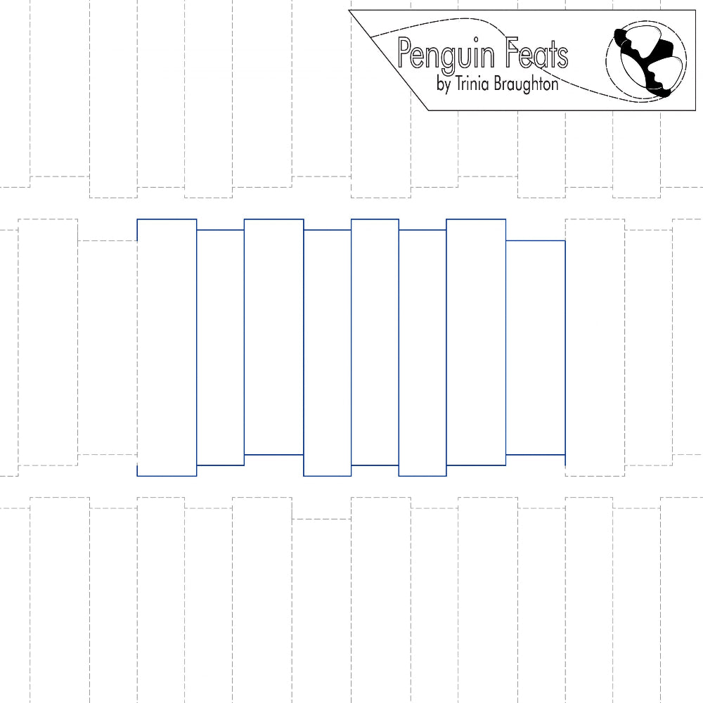 Continuous blue line looks like fence panels with grey dash line of continuous pattern as background and 'Penguin Feats' by Trinia Braughton logo.
