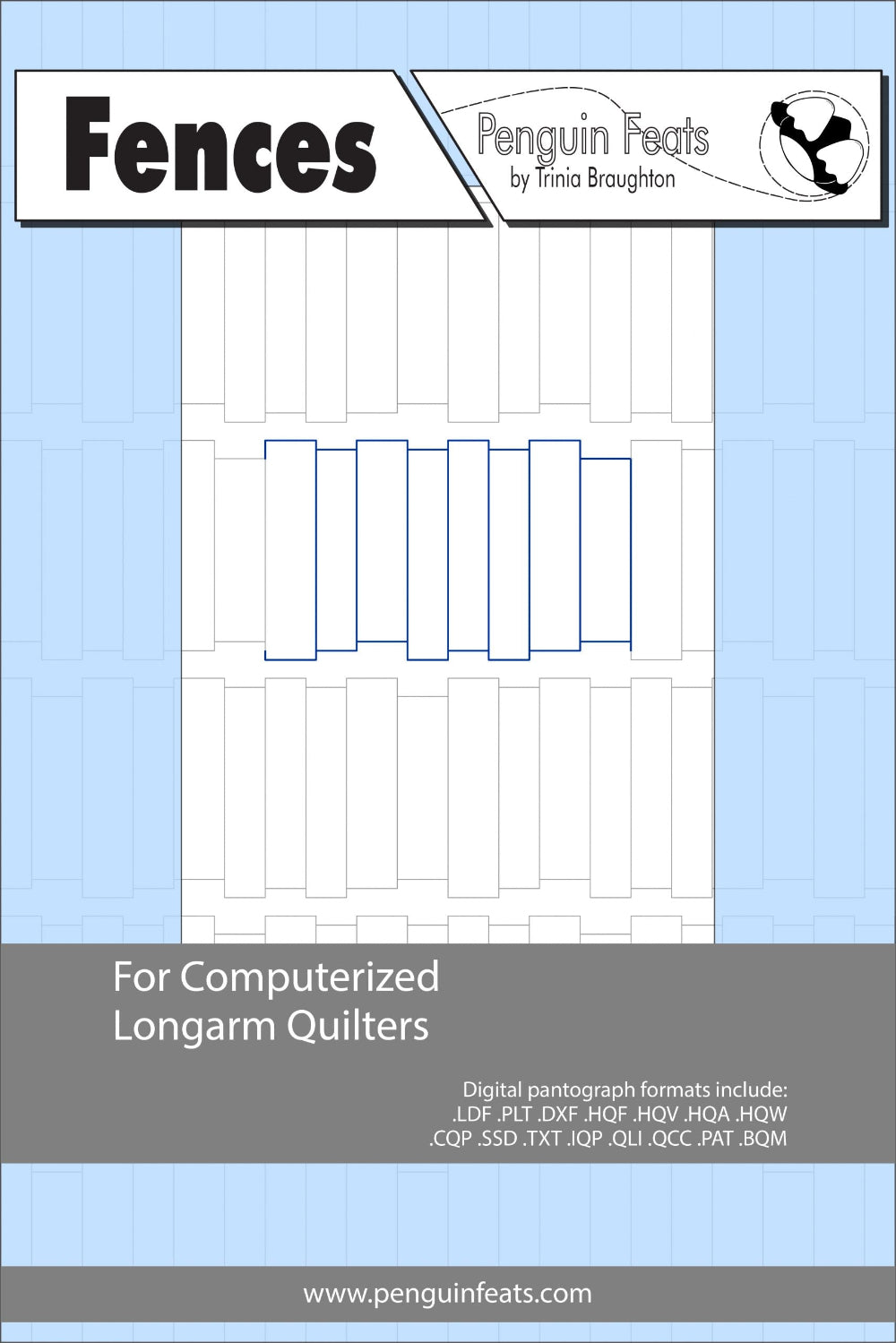 Design for fences used by computerized longarm quilters with a blue background and text.