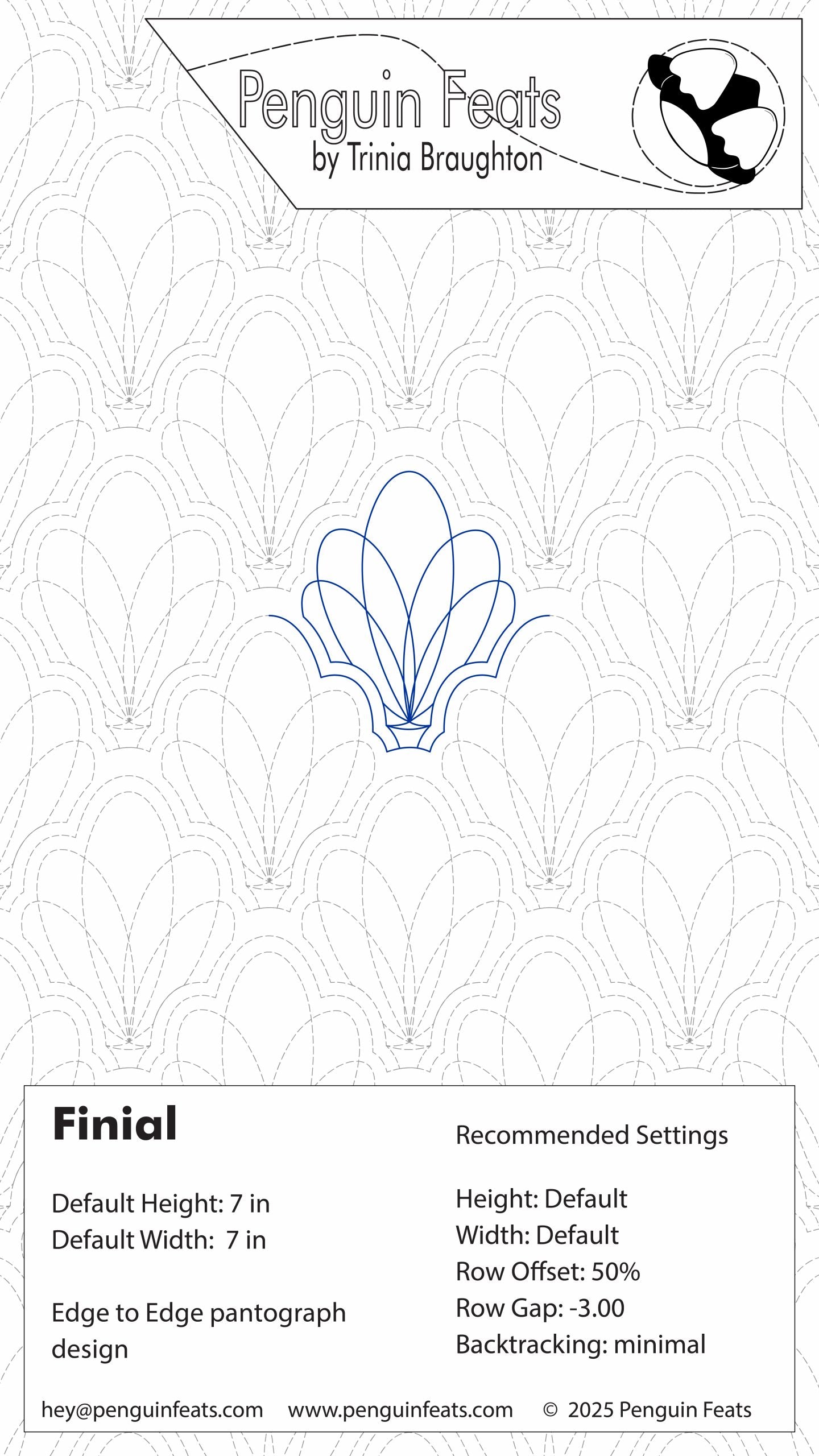 Design settings for a shell pattern titled Finial with 'Penguin Feats' branding at the top.