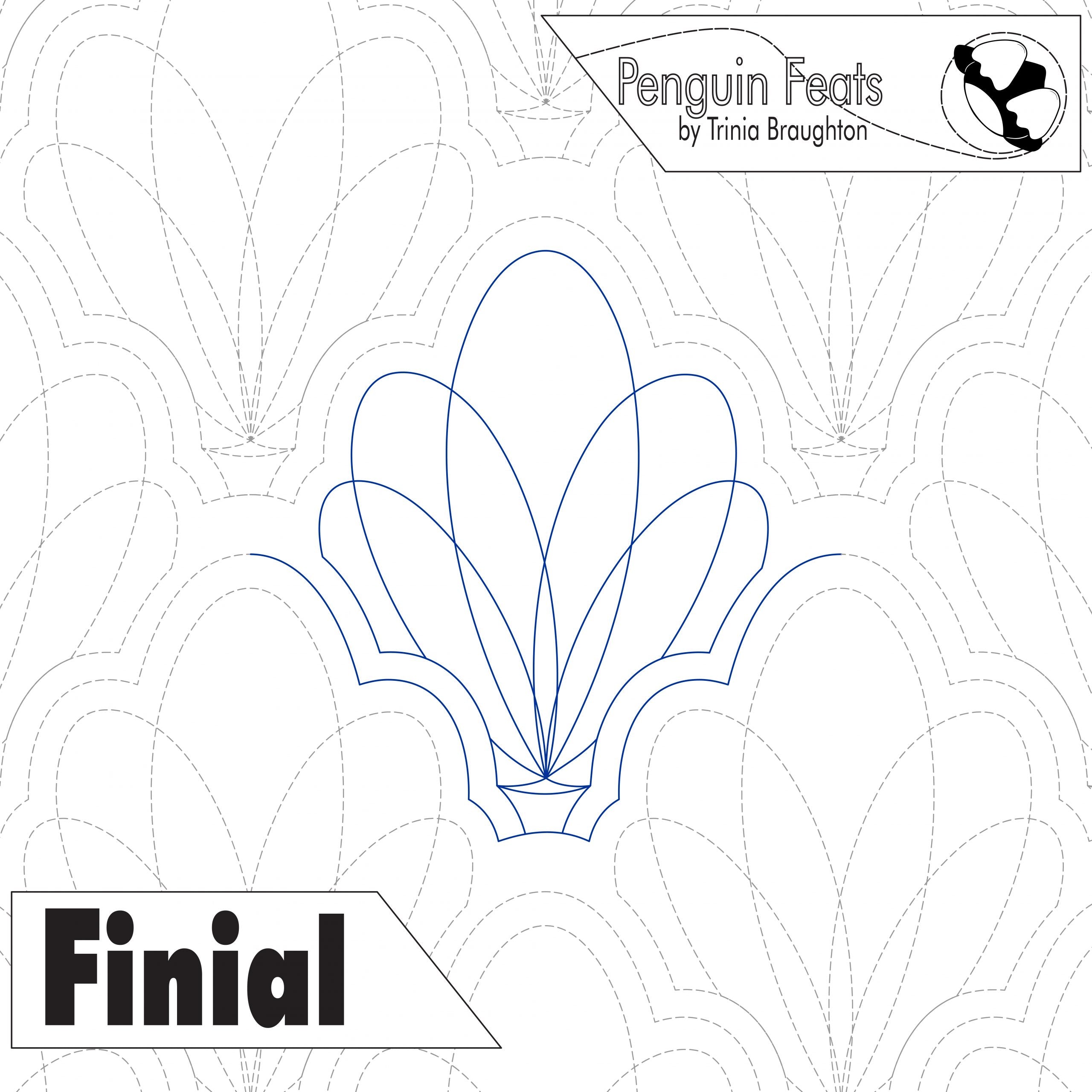 Outline of a finial design with 'Penguin Feats' branding at the top and 'Finial' text at the bottom.