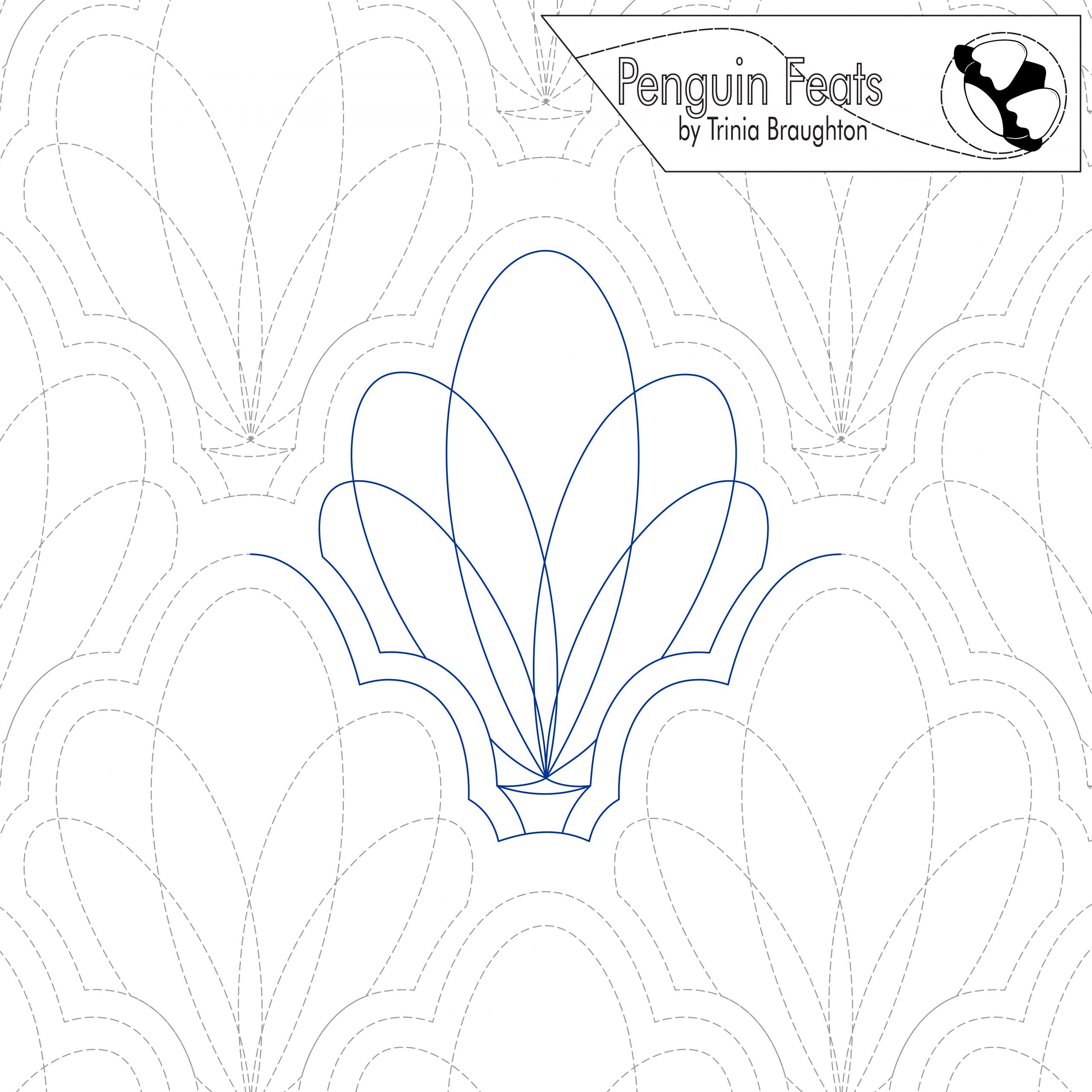 Quilting design of continuous loops in an arch with 'Penguin Feats' by Trinia Braughton in the top right corner.