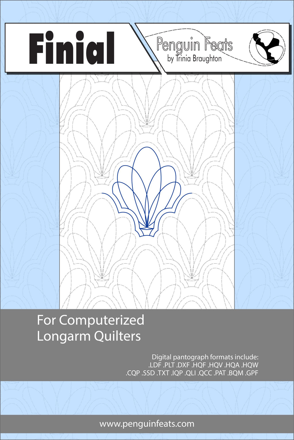 Finial pattern sheet for computerized longarm quilters with a blue and white design on a light blue background.