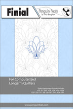 Finial pattern sheet for computerized longarm quilters with a blue and white design on a light blue background.