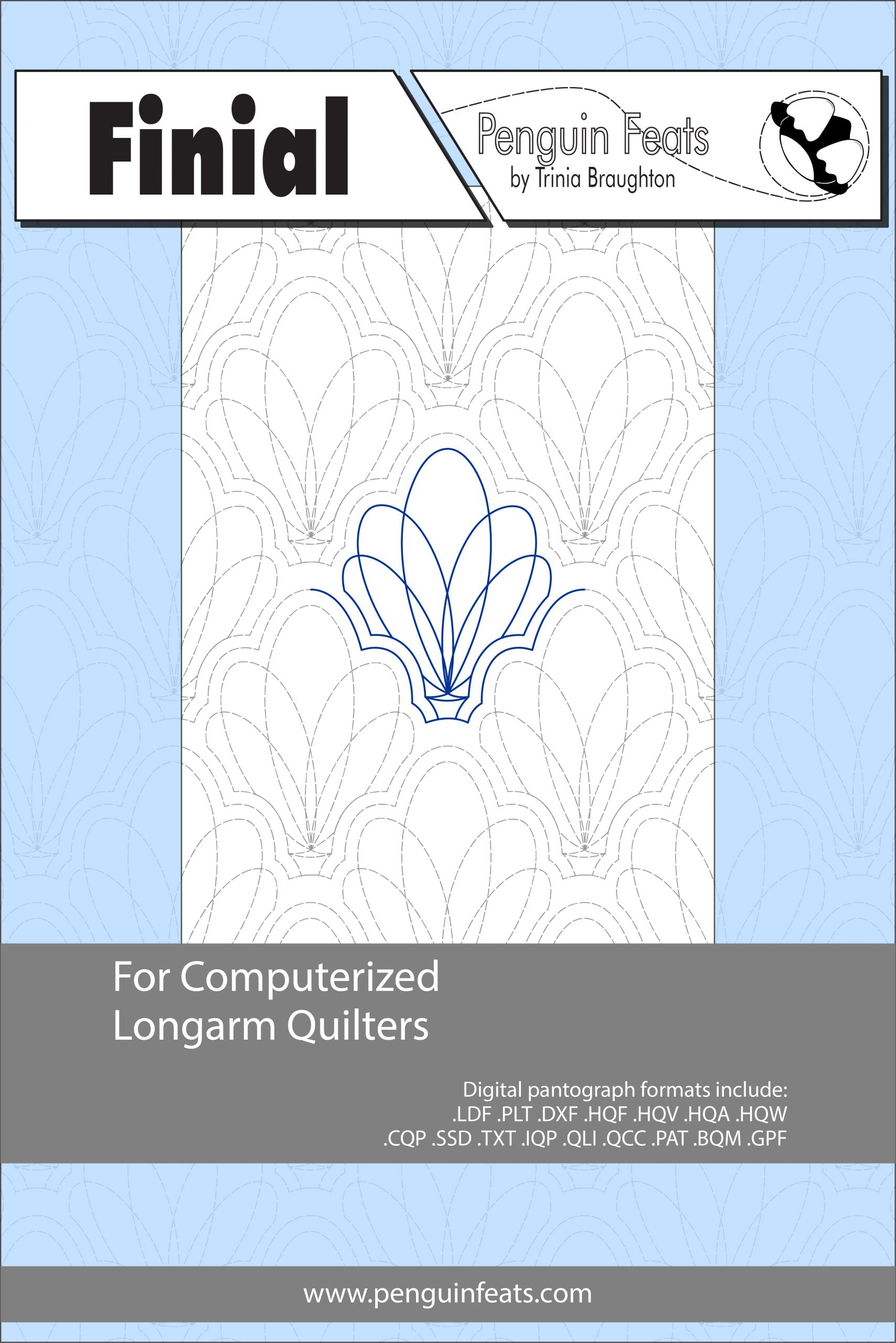 Finial pattern sheet for computerized longarm quilters with a blue and white design on a light blue background.