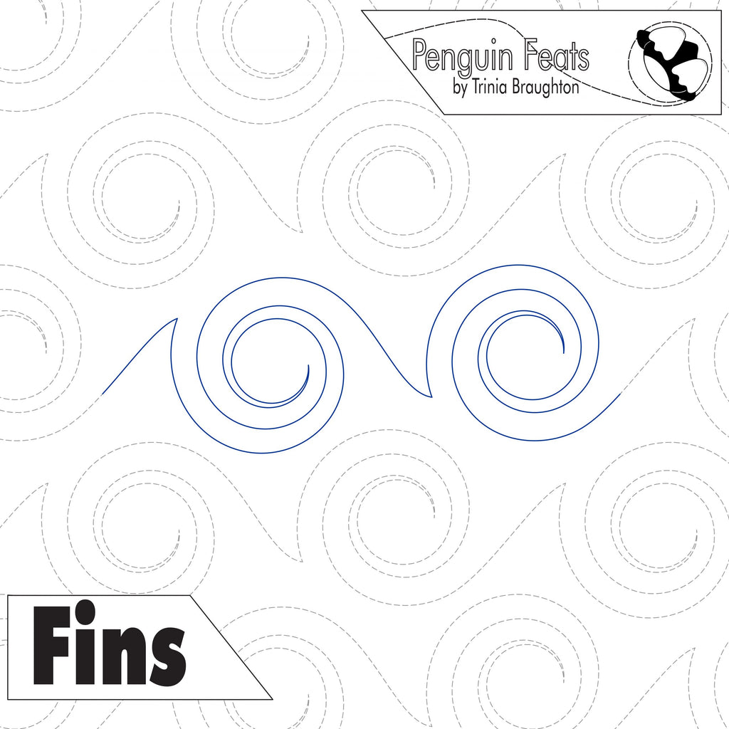 Pattern of blue curved lines and swirls with waves on a white background with 'Penguin Feats' and 'Fins' text.