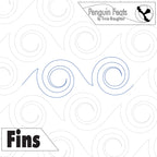 Pattern of blue curved lines and swirls with waves on a white background with 'Penguin Feats' and 'Fins' text.