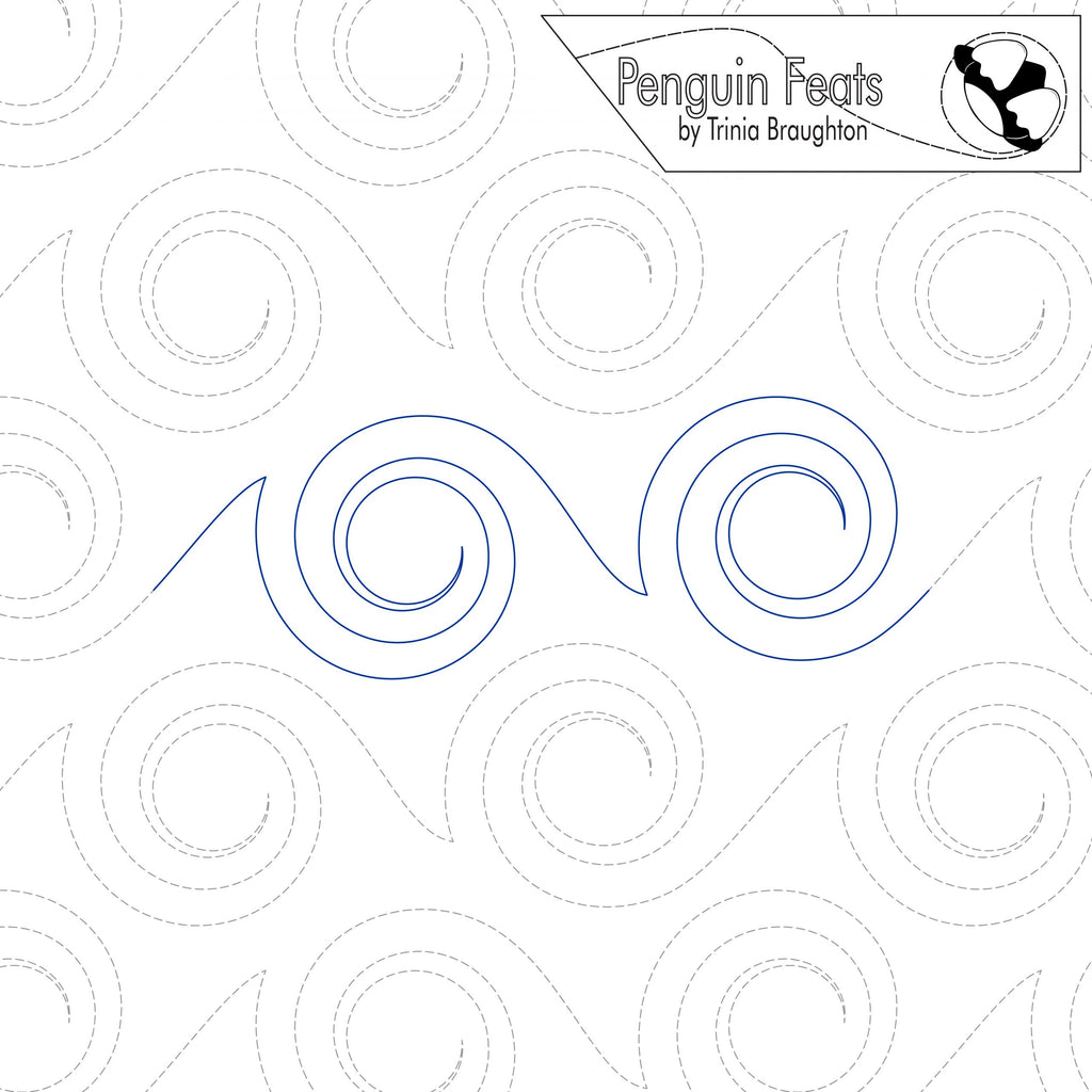 Pattern design with blue circles on a white background, featuring the text 'Penguin Feats by Trinia Braughton'.