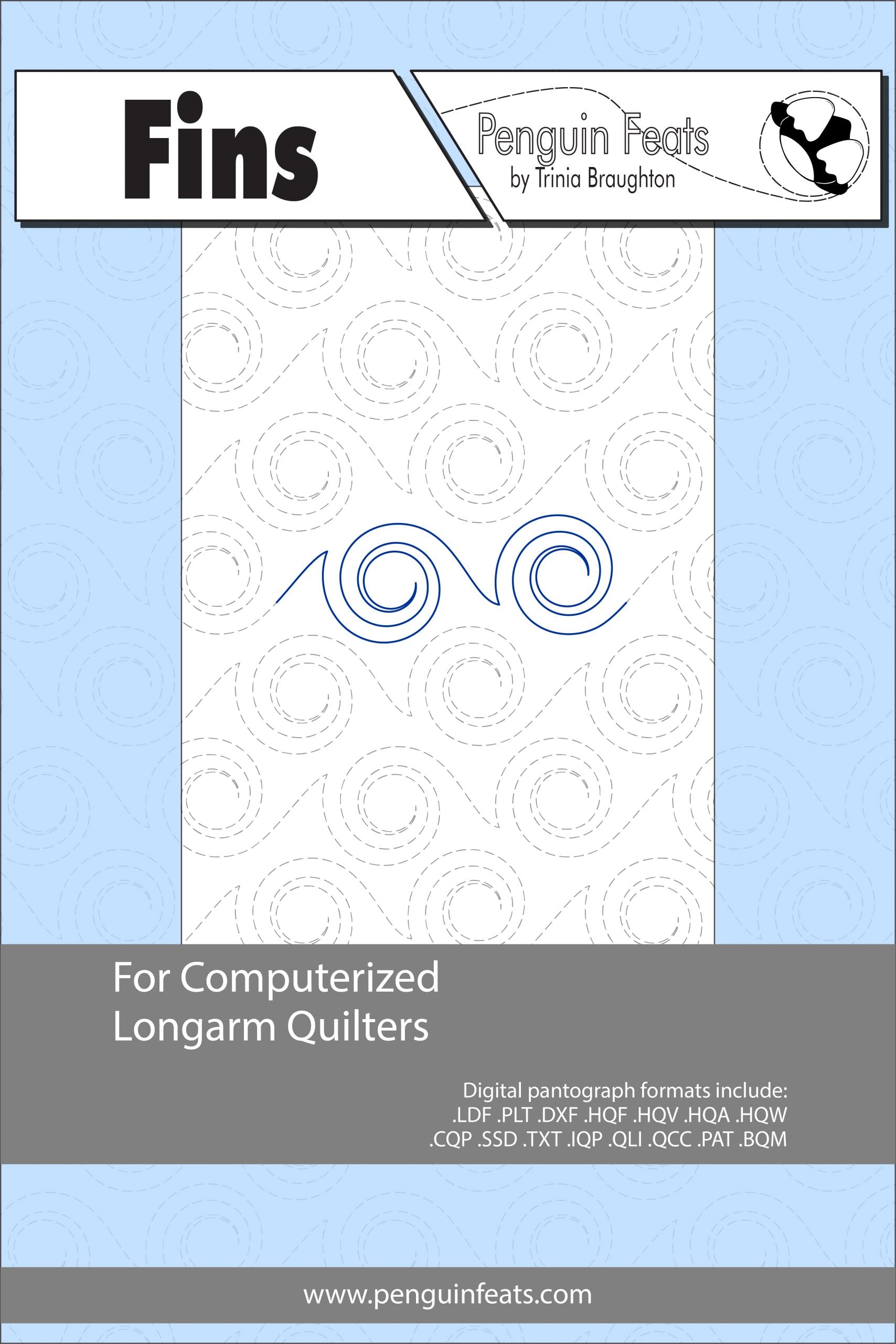 Penguin Feats Fins pattern sheet for computerized longarm quilters with a blue and gray design.