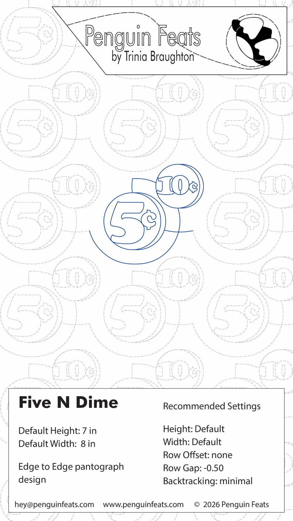 Design information for a five-nickel dime coin with 'Penguin Feats' branding at the top.