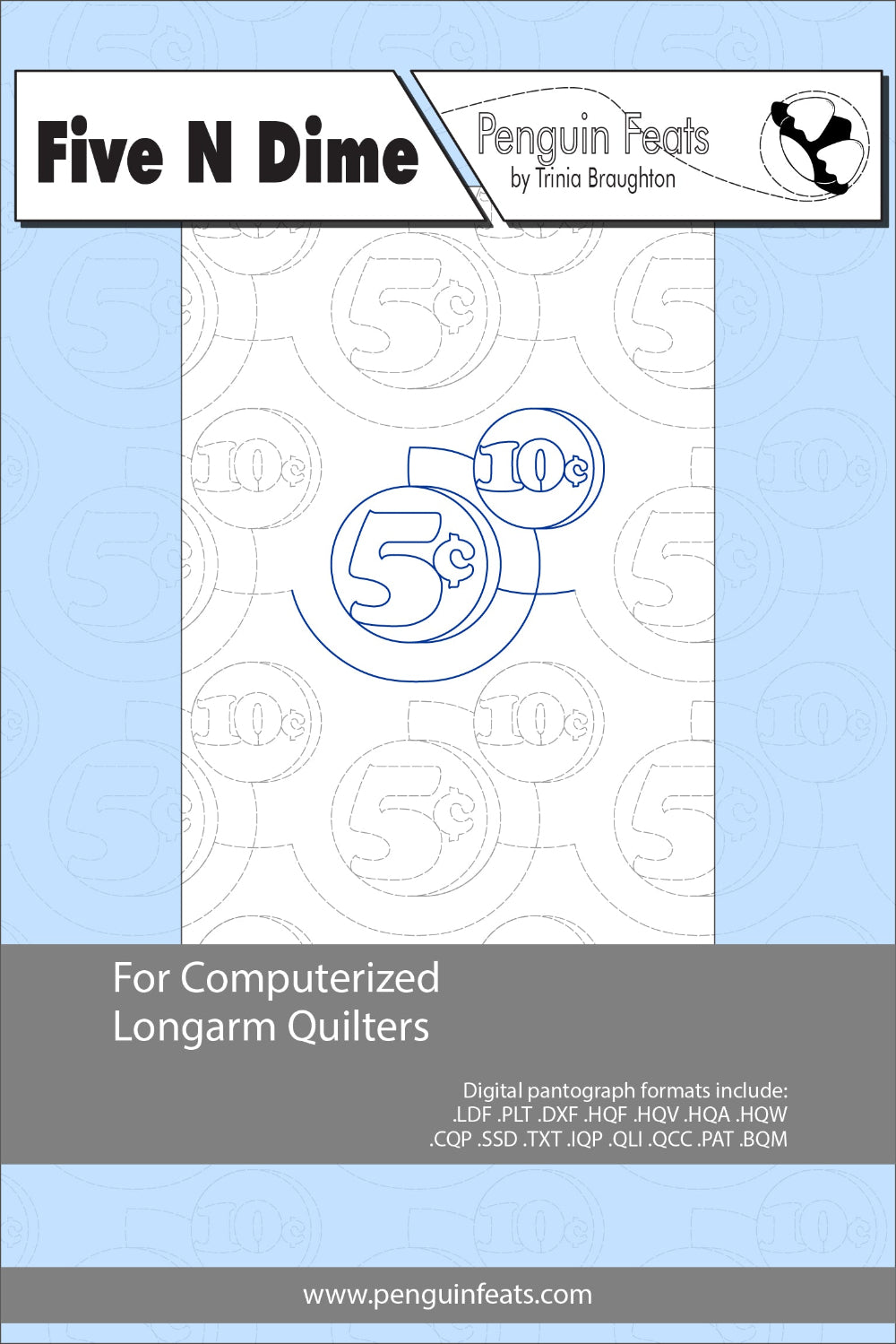 Design information for computerized longarm quilters with 'Five N Dime' branding on a light blue background.