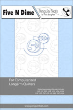 Design information for computerized longarm quilters with 'Five N Dime' branding on a light blue background.