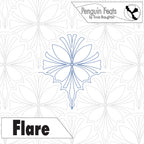 Design of a snowflake with 'Flare' text and 'Penguin Feats' branding on a patterned background.